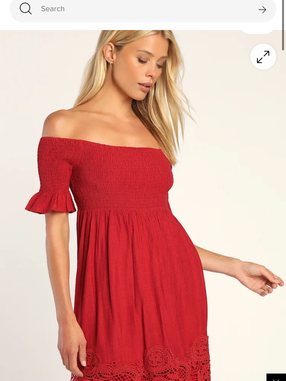 Lulu's Red One-Shoulder Smocked Midi Dress with Lace Hem